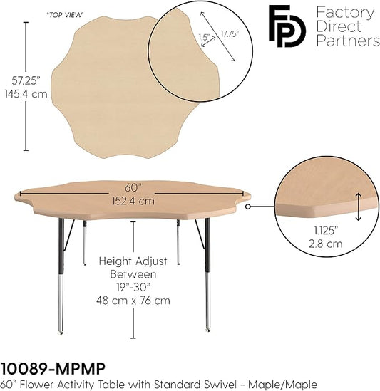 FDP Flower Activity School and Office Table (60 inch), Standard Legs with Swivel Glides for Collaborative Seating Environments, Adjustable Height 19-30 inches - Maple Top and Maple Edge