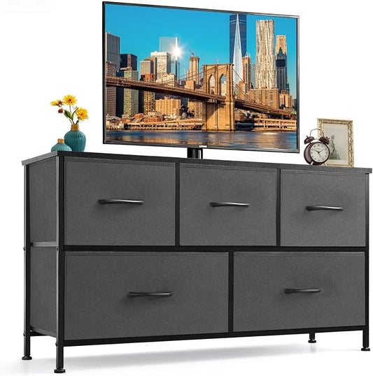 5-Drawer Dresser for Bedroom, Anti-Tip Wide Storage Organizer Fabric Chest of Drawers TV Stand for 45" TV with Wooden Top and Metal Frame for Closet, Living Room, Hallway, Entryway, Gray