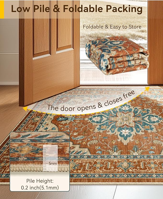 RELEANY Area Rugs Large 9'x12' Washable Non-Slip, Floral Vintage Distress Medallion Carpet for Living Room Bedroom Dining Room, Red Orange Blue Brown