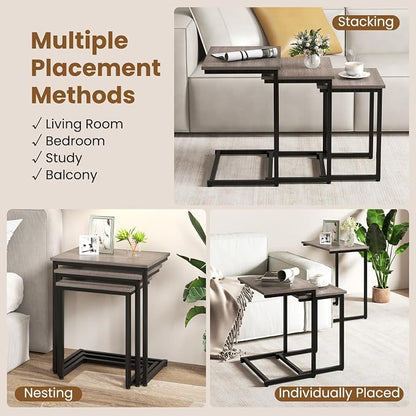 GOFLAME Nesting Coffee Tables Set of 3, Rectangular Nesting Center Table with Wood Grain Top & Metal Frame, Modern C-Shaped Nested Side Table Set for Living Room, Bedroom, Black & Oak