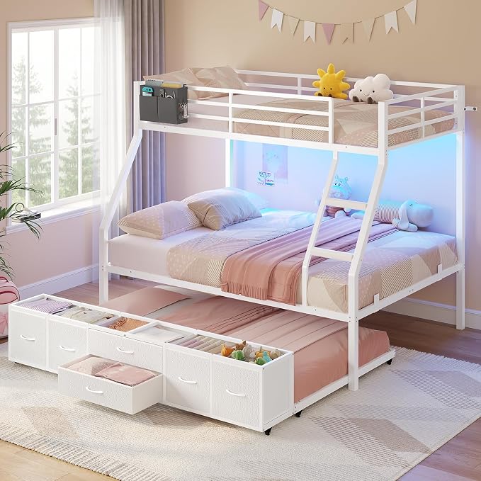BTHFST Bunk Bed Twin Over Full with Trundle, LED Lights Bunk Beds with 6 Large Storage Drawers, Metal Bunk Beds with Ladder and Full-Length Guardrail, Space Saving, White