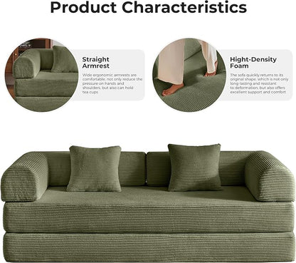 79" 5-in-1 Convertible Sofa Bed No Assembly, Boneless Couch Bed with High Density Foam, Foldable Sleeper Sofa, Corduroy Modular Couch for Apartment, Studio, Dorm Room, Small Space, Light Green