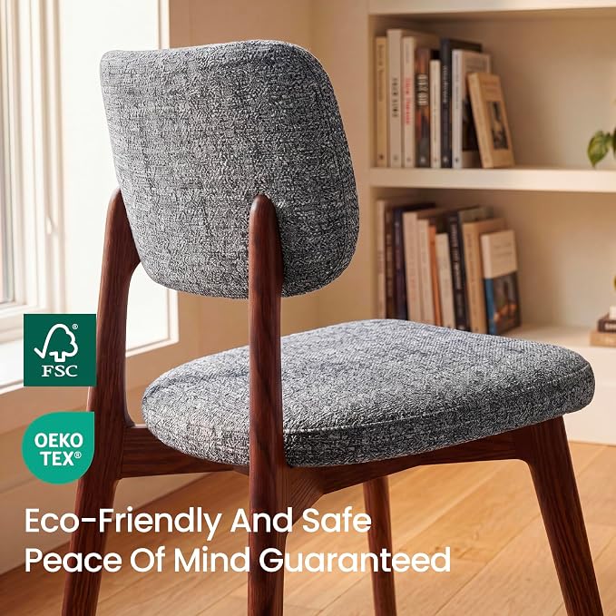 COLAMY Dining Chairs Set of 4, Modern Upholstered Kitchen Room Chairs with Solid Red Oak Wood Legs, 5-Min Easy Assembly Anti-Wobble, High-Weight Fabric Farmhouse Side Chair, 300lbsWalnut,Darkgrey