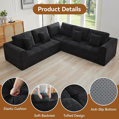 110''Modular Sectional Couches for Living Room, Cloud Boneless Compressed Sectional Sofa, Oversized L Shaped 5 Seater Upholstered Memory Foam Sofa, No Assembly, Chenille Black
