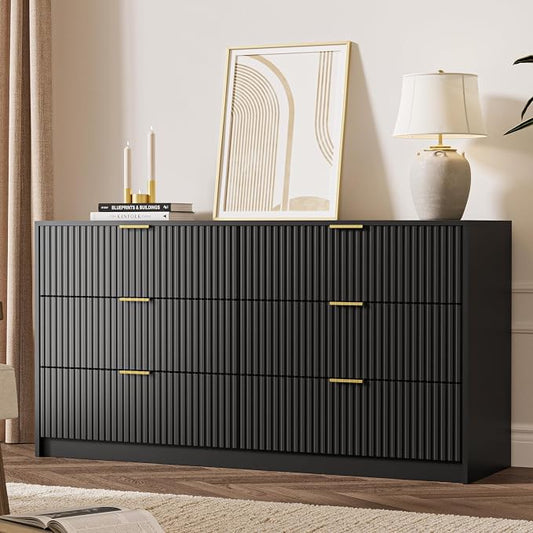 MAISONARIA 3-Piece Dresser Bedroom Set, 6 Drawer Dresser & 2 Drawer Nightstands with Gold Handles, Fluted Wood Chest of Drawers for Bedroom, Living Room, Entryway, Black