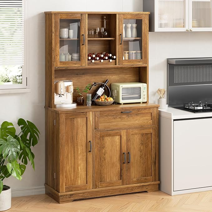 Shintenchi Kitchen Pantry Storage Cabinet, Freestanding Buffet Cabinet with Microwave Stand & 3 Door Shelves, Kitchen Hutch with Doors, Adjustable Shelves and Wine Rack, Brown