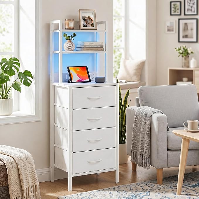 Fixwal 47 Inch Tall Nightstand with Charging Station, Led Night Stand with Socket, 4 PU Finished Fabric Storage Drawers, Office, Bedside Table & Bookshelf in One, White