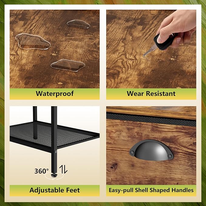 Night Stand Set 2, Nightstand with 3 Fabric Drawers and 2-Tier Shelf, Small Dresser Organizer, Bedside Table with Storage, End Table for Bedroom, Steel Frame, Wood Top, Rustic Brown