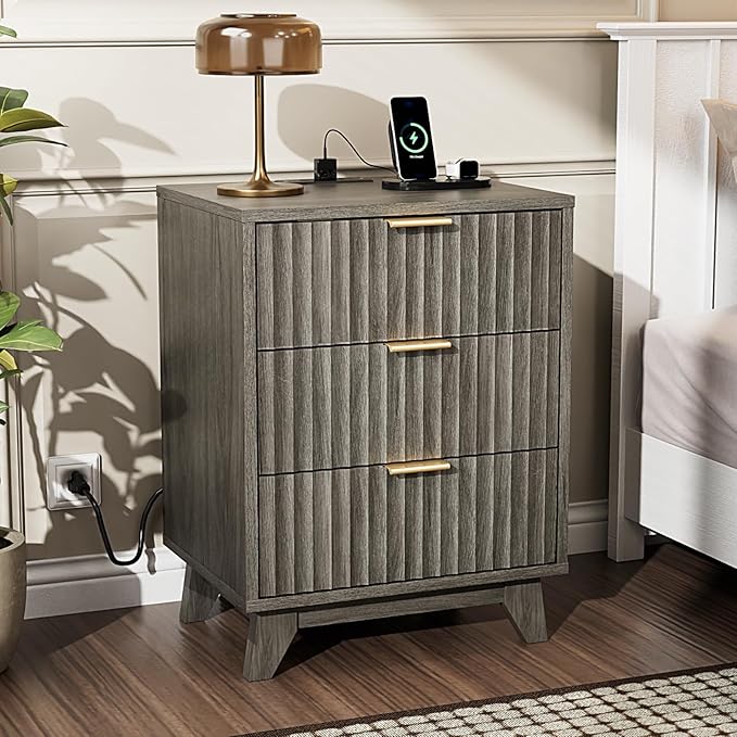 VINGLI Gray Nightstand with Charging Station, Fluted Nightstand 3 Drawers Grey Night Stand for Bedroom, Fluted Grey Bedside Table/End Table/Side Table, 17.72" W*13.78" D*23.62" H, 1 pc