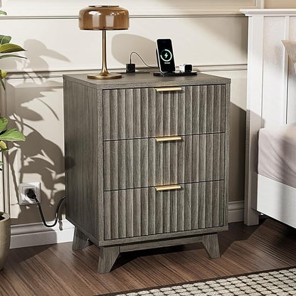 VINGLI Gray Nightstand with Charging Station, Fluted Nightstand 3 Drawers Grey Night Stand for Bedroom, Fluted Grey Bedside Table/End Table/Side Table, 17.72" W*13.78" D*23.62" H, 1 pc