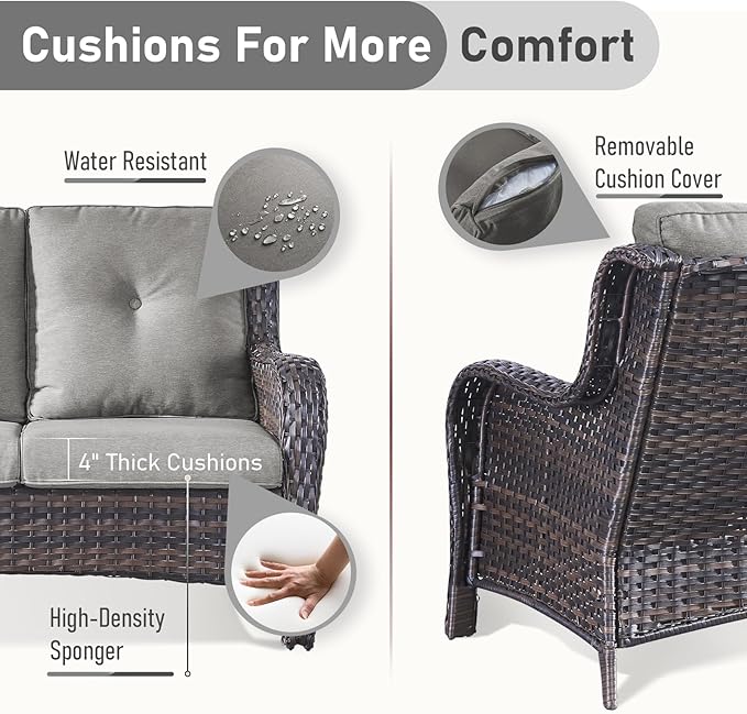 Outdoor Loveseat Sofa - 3 Piece Patio Furniture with Ottoman Deep Seating Patio Couch for Porch Deck Garden Backyard - Brown/Grey