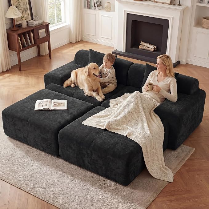 83.5" Boneless Loveseat with 2 Ottoman, Cloud Comfy Sofa Bed, Modular Sofa for Living Room, Apartment, Bedroom, Hotel, No Assembly Required (Dark Gray)