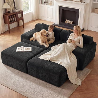 83.5" Boneless Loveseat with 2 Ottoman, Cloud Comfy Sofa Bed, Modular Sofa for Living Room, Apartment, Bedroom, Hotel, No Assembly Required (Dark Gray)