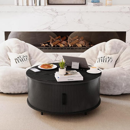 COSIEST Round Coffee Table with Storage, 31.5" Modern Black Coffee Table with 360° Sliding Door, Fluted Wood Accent Center Table with Adjustable Footpads for Living Room
