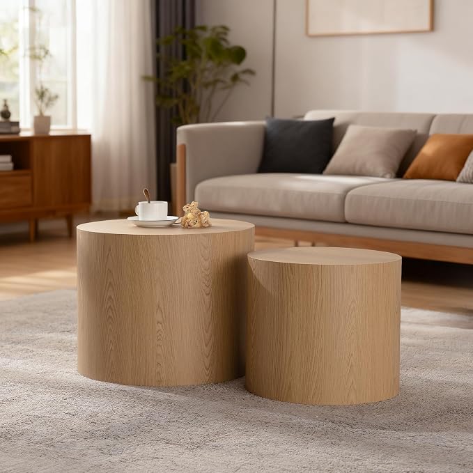 Nesting Round Coffee Table Set of 2, Small Circle Accent End Table for Small Spaces, Wooden Center Table, Morden Drum Side Table for Living Room, Fully Assembled - Natural