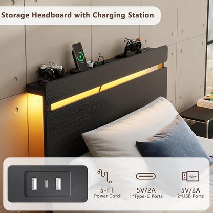 Forestell Twin Bed Frames with Wood Headboard, Black Platform Bed with 2 Storage Drawers & Shelf, Built in Charging Station & LED Lights, Metal Support, No Box Spring Needed, Camas Twin Size