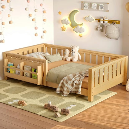 Bellemave Twin Floor Bed with Slats and Safety Guardrail, Twin Size Montessori Floor Bed with Fence and Built-in Bookshelf, Easy Assemble Montessori Beds for Kids, Girls, Boys, Light Natural