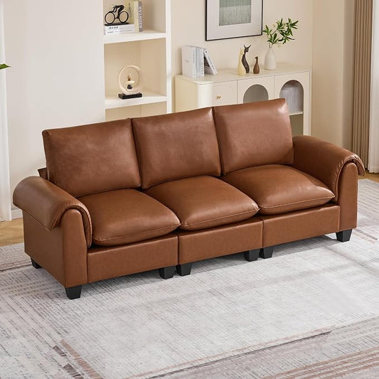 96" Faux Leather Modular Sectional Upholstered Sofa, Oversized 3 Seater Couch with Curved Armrests, Cloud Modern Upholstered Deep Seat Sofa for Living Room, Brown