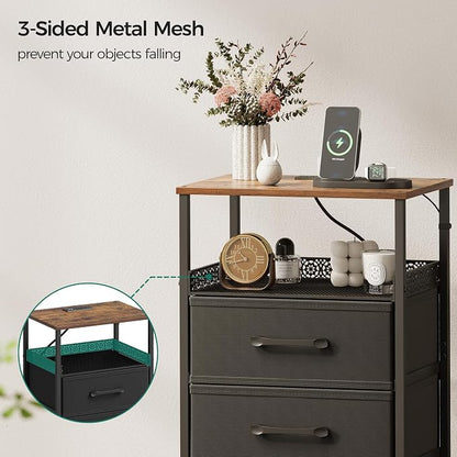JARHETUN Night Stand Set 2 with Charging Station, 3 Drawer Nightstands with LED Lights, End Table with Outlets and USB Ports, Side Table with Open Shelf, Bedside Tables for Bedroom, Rustic Brown