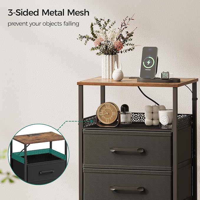 JARHETUN Nightstand Set of 2, Night Stands with Charging Station, 26.4 Inch Tall Bedside Table with Metal Shelf, Modern Side End Table with 3 Fabirc Drawers, Small Dresser for Bedroom, Rustic Brown