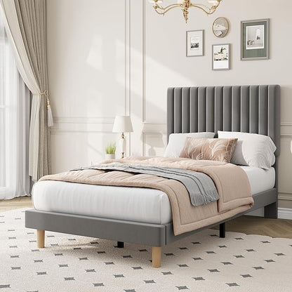 IDEALHOUSE Twin Bed Frame with Adjustable Headboard, Velvet Upholstered Platform Bed Frame Twin Size, Vertical Channel Tufted, Strong Wooden Slats, No Box Spring Needed, Easy Assembly, Grey