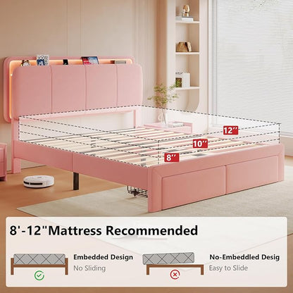 Feonase Full Upholstered Bed Frame with Headboard and 2 Storage Drawers, Built-in Charging Station, Velvet Platform LED Bed with Solid Wood Slat Support, No Box Spring Needed, Pink