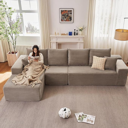 135" Cloud Sectional Couch with L-Shape Chaise, Modern Modular Comfy Sofa with Deep Seat, Upholstered Corduroy Couches Sleeper Chaise Longue for Living Room Bedroom, No Assembly Required, Camel