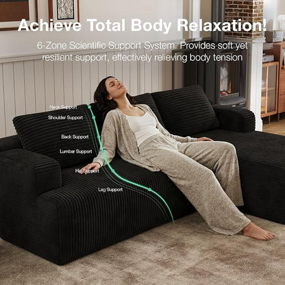 Novilla L-Shape Sectional Couches for Living Room with Smarts Coil® Support, 3 Seater Sectional Sofas for Living Room Bedroom, Corduroy Cloud Couch Sectional, No Assembly(Black, Right Hand Facing)