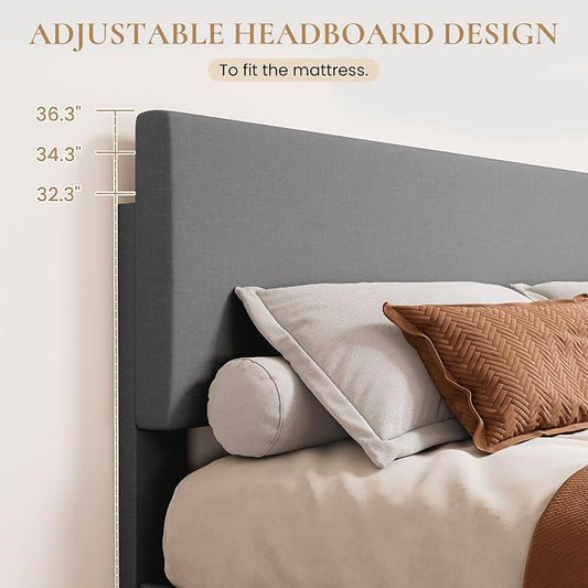 SHA CERLIN Linen Upholstered Full Size Bed Frame with Headboard, Light Gray | Adjustable Low-Profile Platform Bed, Minimalist Design, Stable Mattress Foundation, Strong Back-Support, No Box Spring Needed