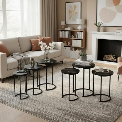 Lavish Home Nesting Tables - Set of 6 Modern Round Side Tables with Faux Marble Tops - Space Saving Accent Table Set for Living Room, Bedroom, or Home Office (Black)