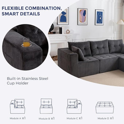 MAXYOYO Modular Sectional Sofa Couch, L Shaped Modern Cloud Couch with Ottoman, Sofa in A Box, Tufted 4-Seat Boneless Sleeper Chair for Living Room, No Assembly Required, Grey