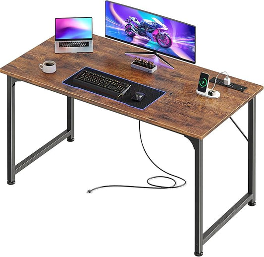 PRAISUN 40 X 20 Inch Computer Desk with Power Outlets and USB-C Port, Gaming Office Desk with Deeper Desktop, Writing Work Desk for Home Office, Study, Bedroom, Metal Frame, Rustic Brown
