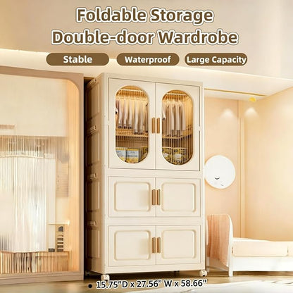 Foldable Storage Cabinet with 2 Storage Bins, 3-Tier Portable Closet Organizer with Doors, Modular Folding Armoire with Wheels for Nursery Room Organization, Clear
