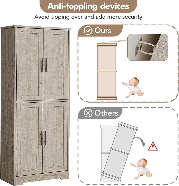 Garvee 70 Inch Tall Storage Cabinet, Kitchen Pantry Cabinet with Doors and Adjustable Shelves, Freestanding Wooden Classic Cupboard for Living Room, Dining Room, Bathroom
