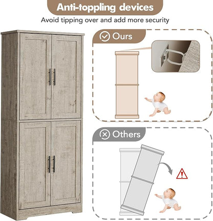 IDEALHOUSE Pantry Cabinet,70" Tall Kitchen Pantry Cabinet with 4 Doors and 3 Adjustable Shelves, Freestanding Cupboard, Modern Storage Cabinet for Bathroom, Dining Room, Living Room, Gray