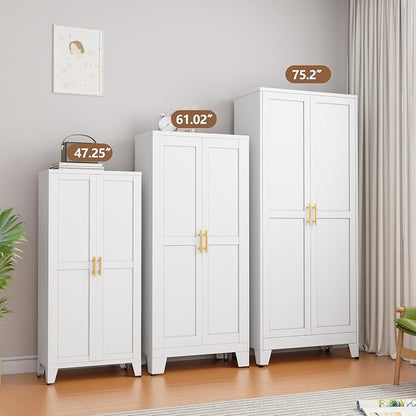 PAOFIN Metal Kitchen Pantry Storage Cabinet with 2 Doors and 3 Adjustable Shelves,Pantry Cabinet with Adjustable Leveling Foot for Kitchen, Living Room, Dining Room（White）