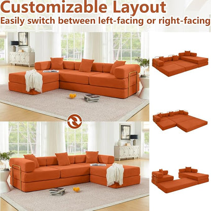 HANXIN 108" Modular Sectional Sofa,Futon Convertible Sofa Bed,Oversized Corduroy Boneless Couch for Living Room,Floor Loveseat Sleeper with Pull Out Bed,Free Combination,No Assembly Required (Orange)