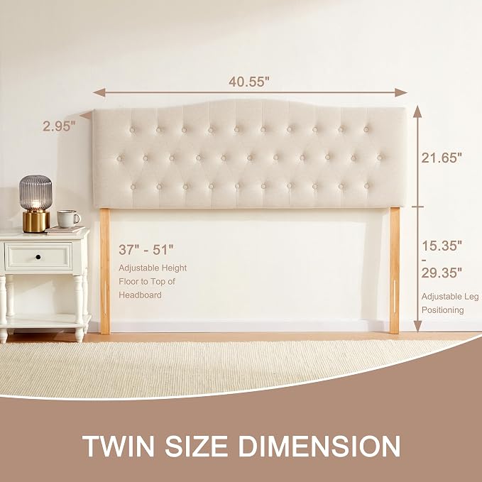 Tufted Headboard Twin Size, Solid Wood Adjustable Height Head Board, Beige | Upholstered Twin XL Headboard Only, Durable Solid Wood Legs, Adjustable Height 37-51 in, Fabric Button Diamond HeadBoards
