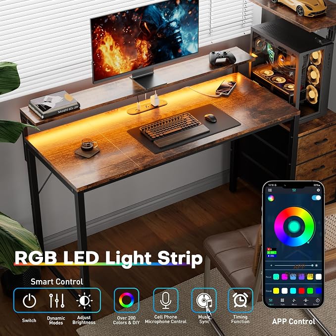 HLDIRECT 44 inch Gaming Desk with 3 Fabric Drawers & Side Hooks-Reversible Home Office Computer Desk with Power Outlets & Led Lights, Gamer Desk Table with Monitor Stand, Rustic Brown