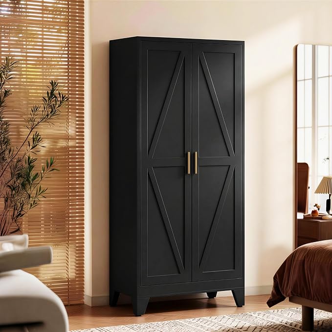 71" H Black Closet,Armoire Wardrobe Closet,Metal Wardrobe Closet with Doors and Shelves,Large Wardrobe Closet for Bedroom