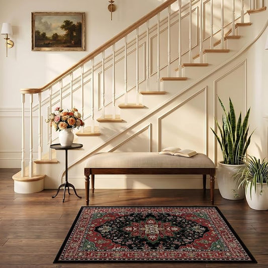 RELEANY Area Rugs Small 2'6"x4' Washable Non-Slip, Floral Vintage Distress Medallion Carpet for Kitchen Entryway Bathroom, Red Black