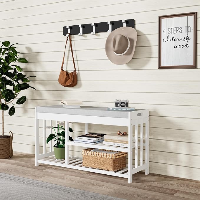 APRTAT 3-Tier Bamboo Shoe Rack Bench, Shoe Storage Organizer Bench, Entryway Benchs, Shoes Rack for Front Door Entrance, Entryway Bathroom Bedroom (White, Large)
