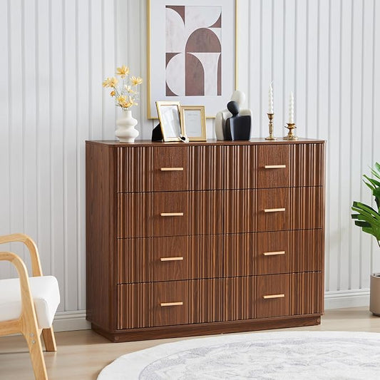 Fluted Dresser for Bedroom with 8 Drawers, 47" Wide Mid Century Modern Chest of Drawers, Wooden Dresser TV Stand, Wood Closet Clothes Storage Organizer for Living Room Hallway, Walnut