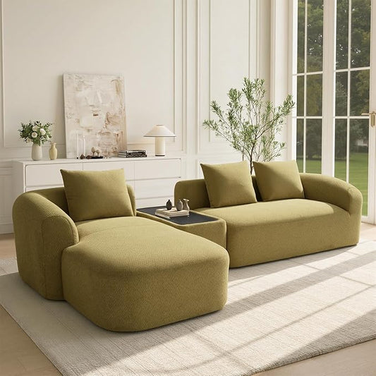 Relefree 136" Curved Modular Sectional Sofa, Boneless Couch with Movable Coffee Table, High-Resilience Foam, Couches for Living Room, Oversized, Chenille, Cloud Comfort, Thick Backrest Green