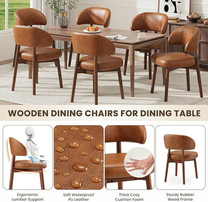MALOL Wooden Dining Chairs Set of 2, Modern Upholstered Dining Room Chair, PU Leather Kitchen Side Chairs with Curved Open Back for Living Room/Restaurant/Cafe, Brown