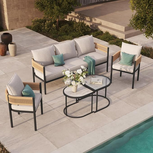 Grand patio 5-Piece Outdoor Furniture Set, 5 Seats Wicker Sofa Conversation Set with 3-Seat Couch, Thick Cushions and Coffee Table, for Backyard, Balcony, Garden (Natural)