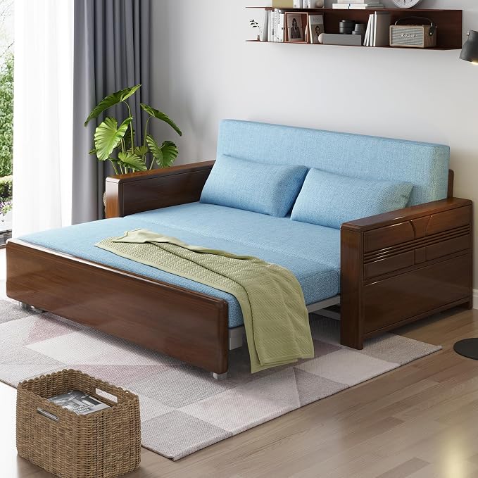 3 in 1 Pull-Out Convertible Sofa Bed, 59" Blue Plush Cushion Sleeper Couch, Reversible Chaise, Walnut Solid Wood Frame for Home, Office, Apartment