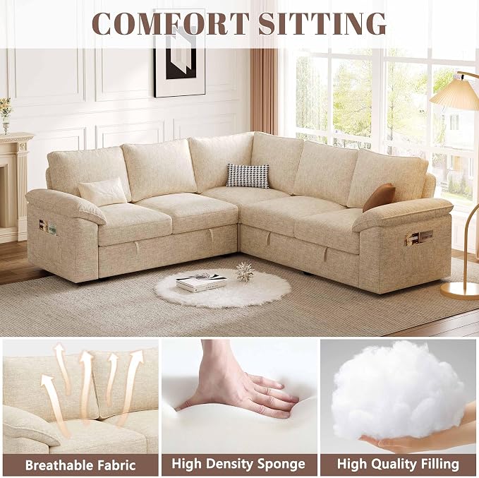 85 Inch Modular Sectional Sofa with Pull Out Bed, L Shaped 5 Seat Sectional Sleeper Sofa with Storage, Sectional Couches for Living Room, Cloud Modular Couch, Removable Sofa Cover, Beige