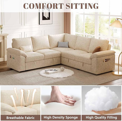 85 Inch Modular Sectional Sofa with Pull Out Bed, L Shaped 5 Seat Sectional Sleeper Sofa with Storage, Sectional Couches for Living Room, Cloud Modular Couch, Removable Sofa Cover, Beige