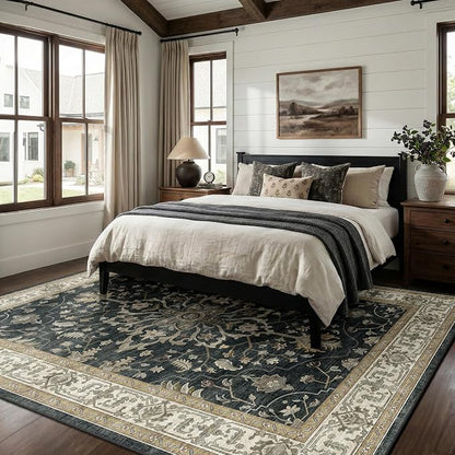 RELEANY Area Rugs 7'x9' Washable Non-Slip, Floral Vintage Distress Medallion Carpet for Living Room Bedroom Dining Room, Vintage Black Brown Neutral